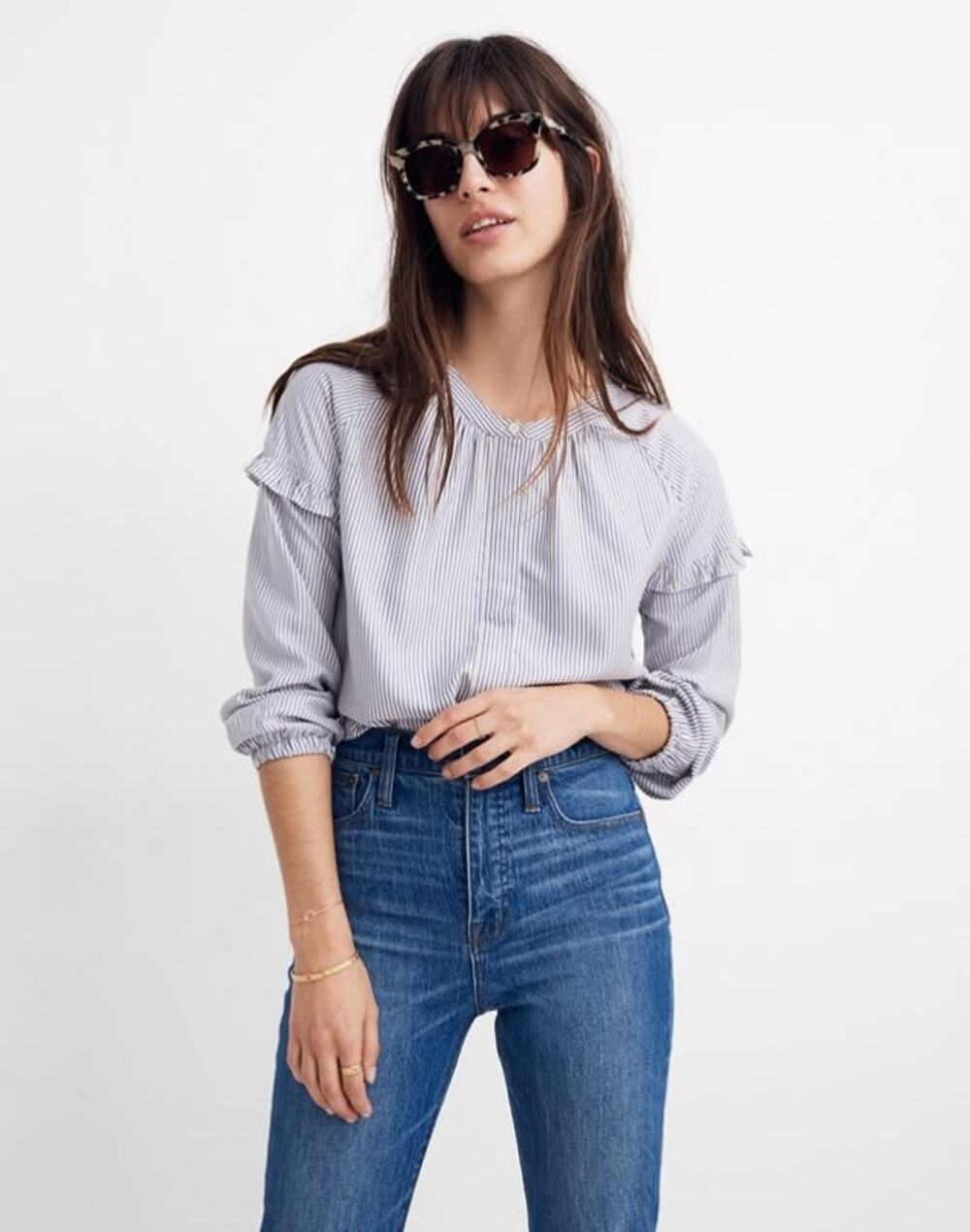 Madewell Warwick Stripe Vintage Lightweight Collarless Ruffle Sleeve Blouse